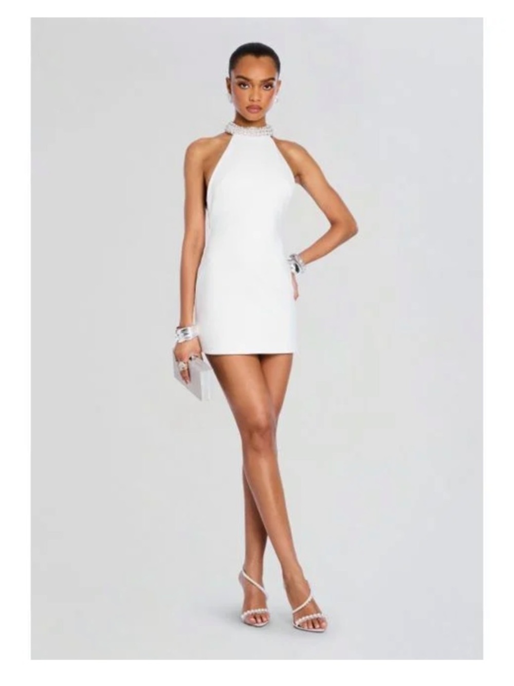 Retrofete White Halter Mini Dress with Jeweled Neck
